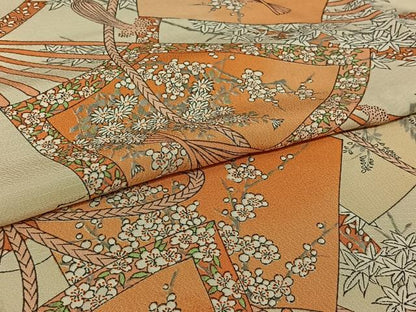 平和屋着物▽上質な小紋　単衣　手描き　扇面花文　正絹　逸品　AABI9547jh