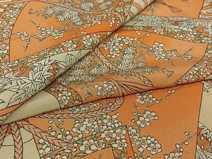 平和屋着物▽上質な小紋　単衣　手描き　扇面花文　正絹　逸品　AABI9547jh