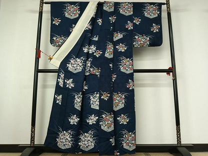 平和屋着物▽上質な小紋　単衣　草花文　正絹　逸品　AABI9553jh