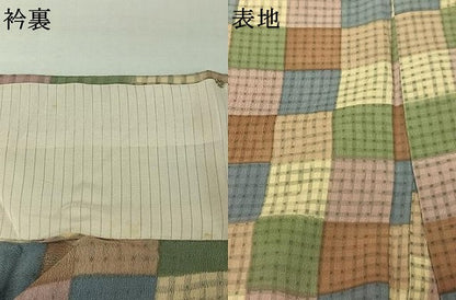 平和屋着物▽上質な小紋　単衣　市松文様　正絹　逸品　AABI9554jh