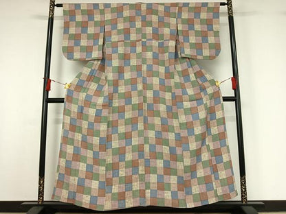 平和屋着物▽上質な小紋　単衣　市松文様　正絹　逸品　AABI9554jh