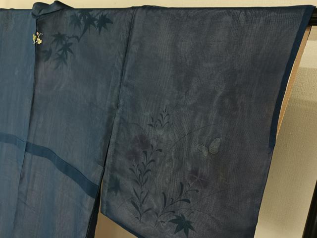 平和屋着物▽訪問着　無双　紗袷　紗×絽　手描き　流水花蝶文　正絹　逸品　AABI9560jh