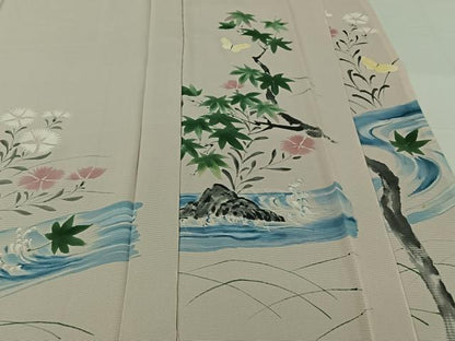 平和屋着物▽訪問着　無双　紗袷　紗×絽　手描き　流水花蝶文　正絹　逸品　AABI9560jh