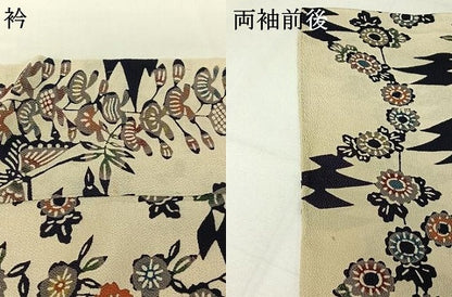 平和屋着物▽訪問着　単衣　型染め　松皮菱花蝶文　鬼しぼ縮緬　正絹　逸品　AABI9561jh