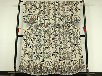 平和屋着物▽訪問着　単衣　型染め　松皮菱花蝶文　鬼しぼ縮緬　正絹　逸品　AABI9561jh