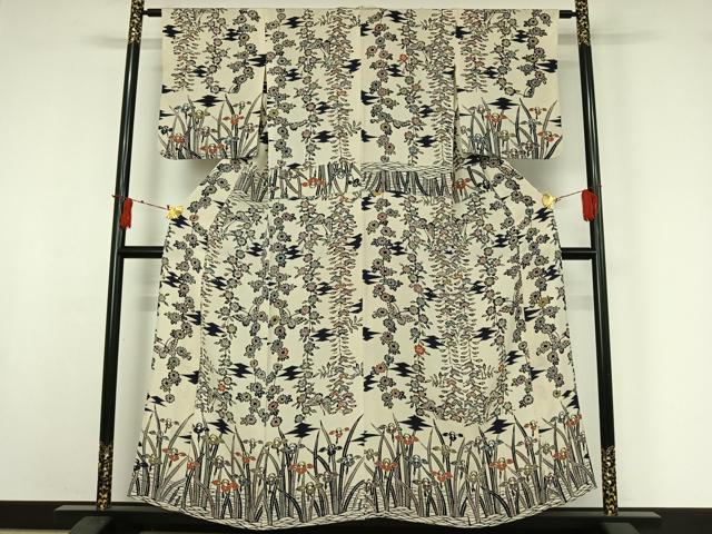 平和屋着物▽訪問着　単衣　型染め　松皮菱花蝶文　鬼しぼ縮緬　正絹　逸品　AABI9561jh