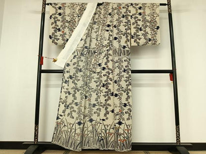 平和屋着物▽訪問着　単衣　型染め　松皮菱花蝶文　鬼しぼ縮緬　正絹　逸品　AABI9561jh
