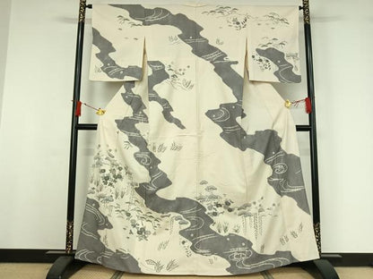 平和屋着物▽染織の名門　しょうざん  生紬　訪問着　単衣　絞り　流水花文　正絹　逸品　AABI9567jh