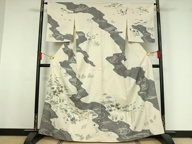 平和屋着物▽染織の名門　しょうざん  生紬　訪問着　単衣　絞り　流水花文　正絹　逸品　AABI9567jh