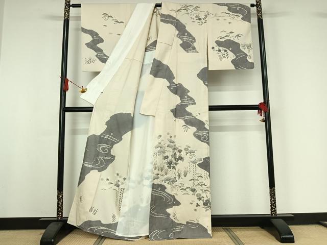 平和屋着物▽染織の名門　しょうざん  生紬　訪問着　単衣　絞り　流水花文　正絹　逸品　AABI9567jh