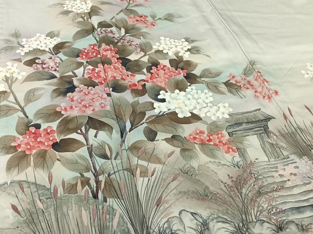 平和屋着物▽訪問着　単衣　手描き　風景花文　暈し染め　正絹　逸品　AABI9570jh