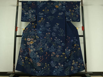 平和屋着物▽訪問着　単衣　刺繍　草花文　正絹　逸品　AABI9571jh