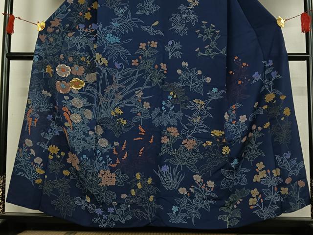 平和屋着物▽訪問着　単衣　刺繍　草花文　正絹　逸品　AABI9571jh