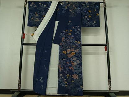 平和屋着物▽訪問着　単衣　刺繍　草花文　正絹　逸品　AABI9571jh