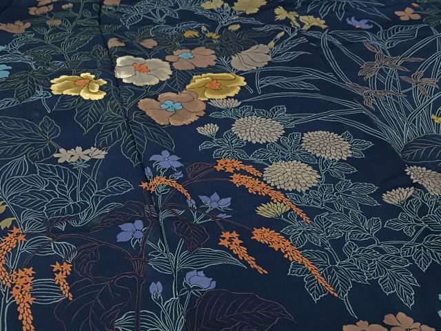 平和屋着物▽訪問着　単衣　刺繍　草花文　正絹　逸品　AABI9571jh