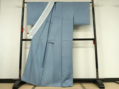 平和屋着物▽上質な色無地　単衣　花菱地紋　勿忘草色　正絹　逸品　AABI9574jh