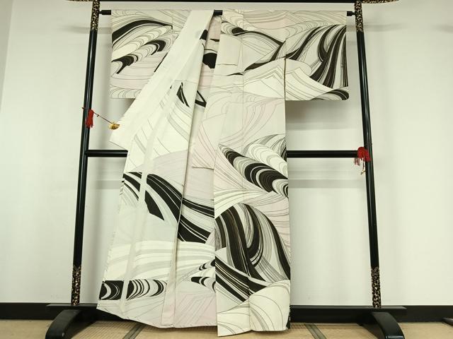 平和屋着物▽訪問着　単衣　幾何学文様　金彩　銀糸　正絹　逸品　AABI9575jh
