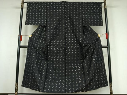 平和屋着物▽上質な紬　単衣　幾何学文様　黒地　正絹　逸品　AABI9577jh