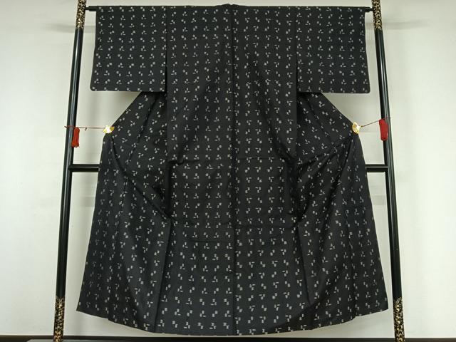 平和屋着物▽上質な紬　単衣　幾何学文様　黒地　正絹　逸品　AABI9577jh