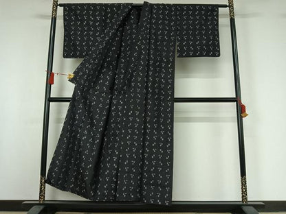 平和屋着物▽上質な紬　単衣　幾何学文様　黒地　正絹　逸品　AABI9577jh