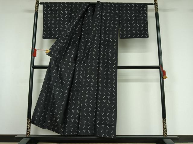 平和屋着物▽上質な紬　単衣　幾何学文様　黒地　正絹　逸品　AABI9577jh