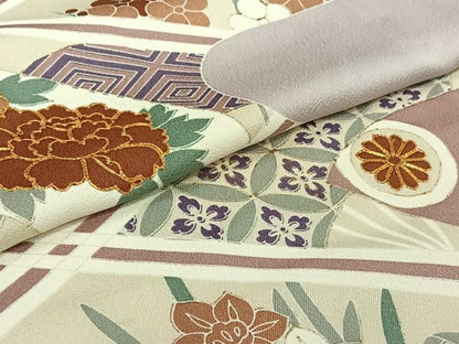 平和屋着物▽豪華色留袖　単衣　駒刺繍　吉祥花文　金彩　正絹　逸品　AABI9578jh