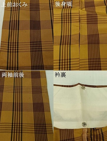 平和屋着物▽本場縞大島紬　単衣　格子　正絹　逸品　AABI9581jh