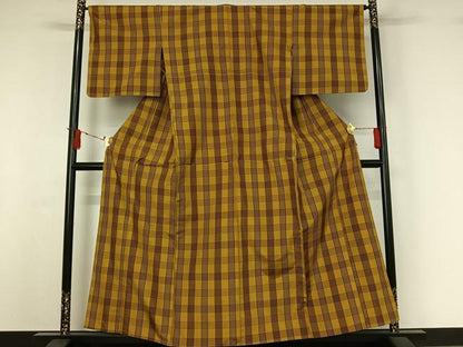 平和屋着物▽本場縞大島紬　単衣　格子　正絹　逸品　AABI9581jh