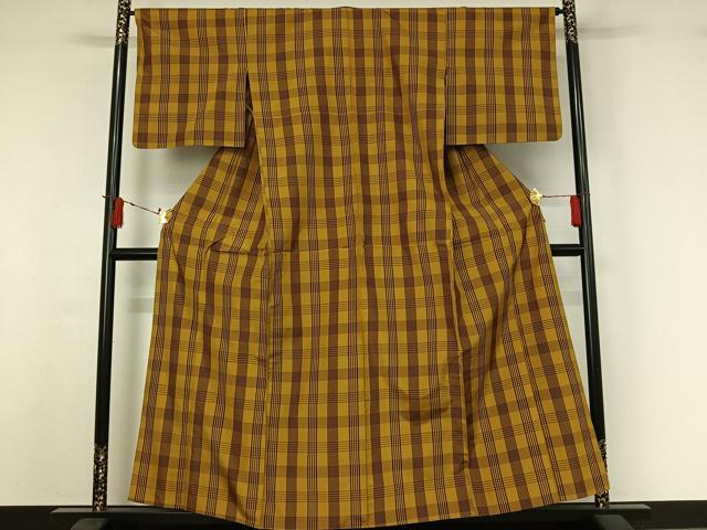 平和屋着物▽本場縞大島紬　単衣　格子　正絹　逸品　AABI9581jh