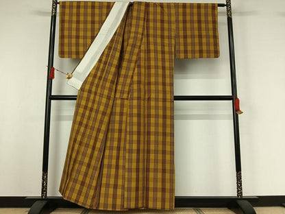 平和屋着物▽本場縞大島紬　単衣　格子　正絹　逸品　AABI9581jh