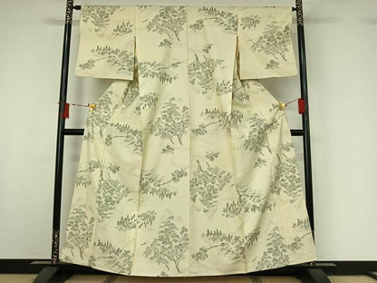 平和屋着物▽上質な小紋　単衣　紬地　手描き　風景文　正絹　逸品　AABI9582jh