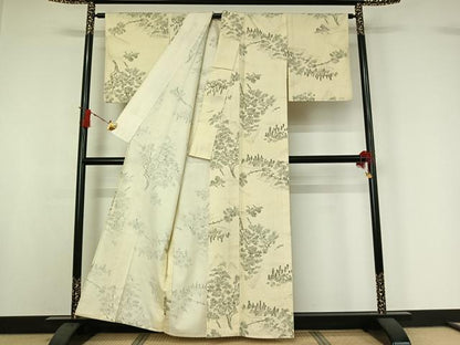 平和屋着物▽上質な小紋　単衣　紬地　手描き　風景文　正絹　逸品　AABI9582jh
