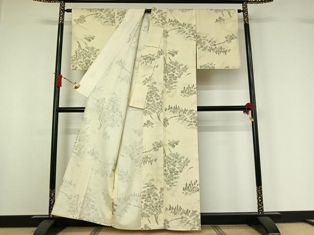 平和屋着物▽上質な小紋　単衣　紬地　手描き　風景文　正絹　逸品　AABI9582jh