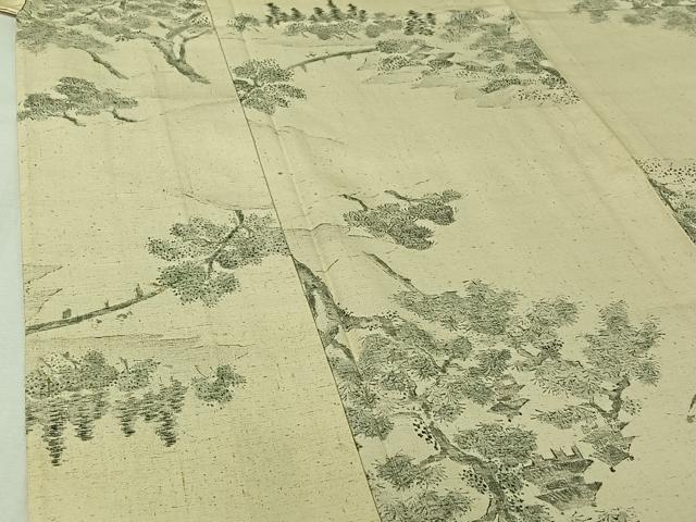 平和屋着物▽上質な小紋　単衣　紬地　手描き　風景文　正絹　逸品　AABI9582jh