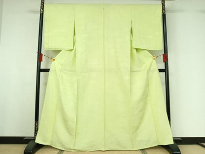 平和屋着物▽上質な色無地　単衣　雲取り吉祥花地紋　若芽色　正絹　逸品　AABI9583jh