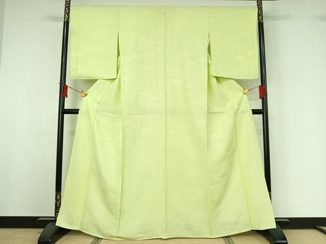 平和屋着物▽上質な色無地　単衣　雲取り吉祥花地紋　若芽色　正絹　逸品　AABI9583jh