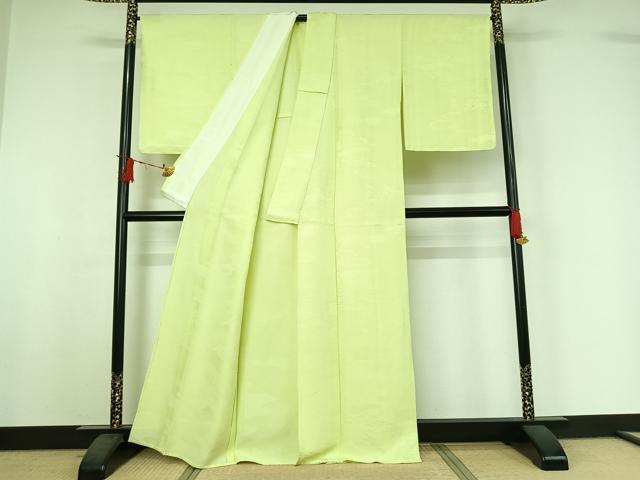 平和屋着物▽上質な色無地　単衣　雲取り吉祥花地紋　若芽色　正絹　逸品　AABI9583jh
