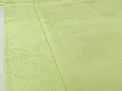 平和屋着物▽上質な色無地　単衣　雲取り吉祥花地紋　若芽色　正絹　逸品　AABI9583jh