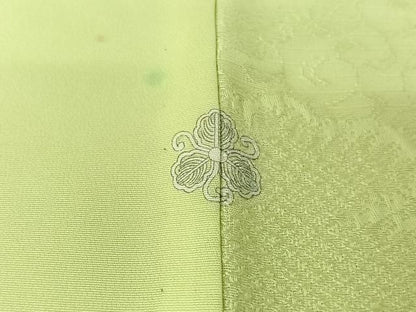 平和屋着物▽上質な色無地　単衣　雲取り吉祥花地紋　若芽色　正絹　逸品　AABI9583jh
