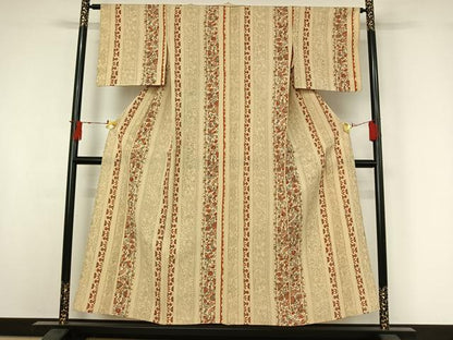 平和屋着物▽上質な小紋　単衣　手描き　更紗花間道　お召縮緬　正絹　逸品　AABI9587jh