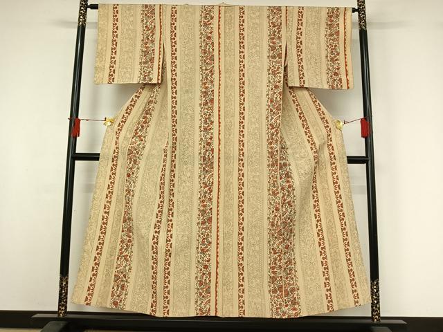 平和屋着物▽上質な小紋　単衣　手描き　更紗花間道　お召縮緬　正絹　逸品　AABI9587jh