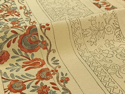 平和屋着物▽上質な小紋　単衣　手描き　更紗花間道　お召縮緬　正絹　逸品　AABI9587jh