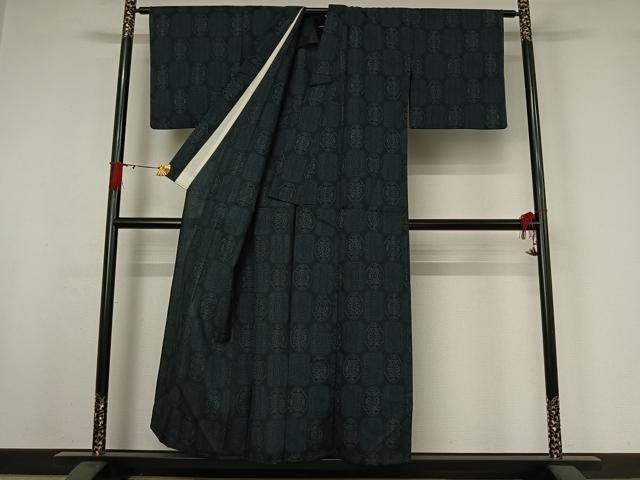 平和屋着物▽小紋　単衣　幾何学花文　黒地　AABI9591jh