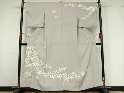 平和屋着物▽訪問着　小倉貞右　単衣　刺繍　流水枝花文　暈し染め　金糸　金彩　正絹　逸品　AABI9593jh