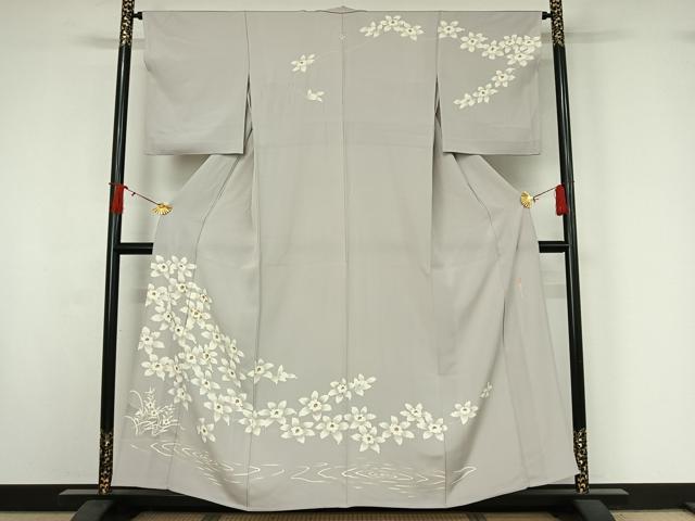 平和屋着物▽訪問着　小倉貞右　単衣　刺繍　流水枝花文　暈し染め　金糸　金彩　正絹　逸品　AABI9593jh