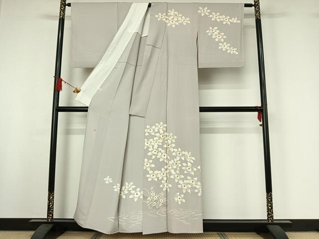 平和屋着物▽訪問着　小倉貞右　単衣　刺繍　流水枝花文　暈し染め　金糸　金彩　正絹　逸品　AABI9593jh