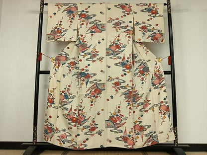 平和屋着物▽上質な小紋　単衣　型染め　流水花籬文　正絹　逸品　AABI9594jh