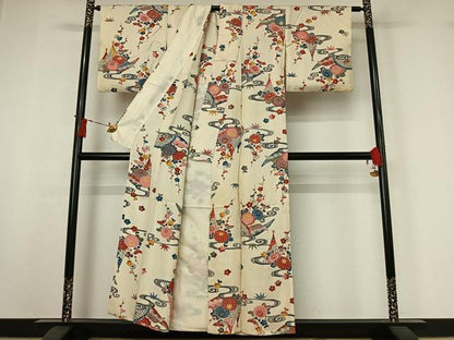 平和屋着物▽上質な小紋　単衣　型染め　流水花籬文　正絹　逸品　AABI9594jh