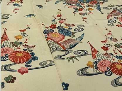 平和屋着物▽上質な小紋　単衣　型染め　流水花籬文　正絹　逸品　AABI9594jh