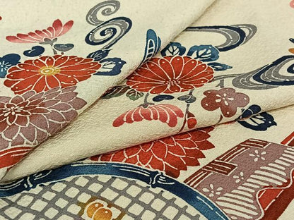 平和屋着物▽上質な小紋　単衣　型染め　流水花籬文　正絹　逸品　AABI9594jh